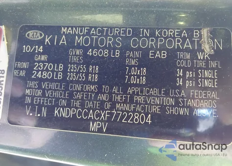 2015 Kia Sportage Ex z USA, uszkodzony, nr VIN KNDPCCACXF7722804